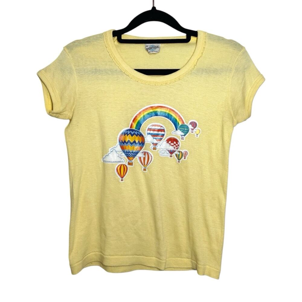 Vintage Sportique Yellow Paper Thin 80s Hot Air Balloon Cute Baby Tee Medium